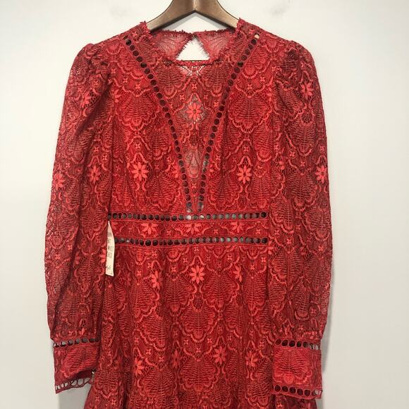 Free People x Saylor Darragh Cutout Pearl Clasps Lace Mini Dress Rose Red Size M - Picture 5 of 14